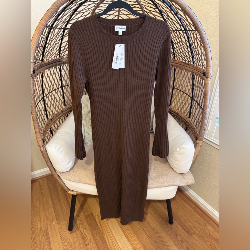 The Drop Fernanda Bell Sleeve Long Sleeve Maxi Sweater Dress Brown NWT